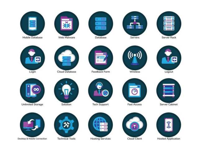 Web主机，数据库管理，云托管和架构，数据仓库等平面图标，100个虚拟主机平面图标
