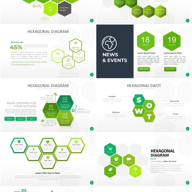 绿色六边形信息图PPT模板素材Wide Green Light Hexagonal Infographic