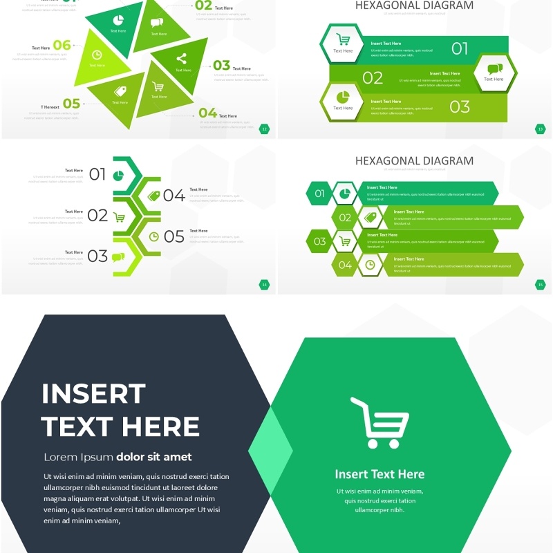 绿色六边形信息图PPT模板素材Wide Green Light Hexagonal Infographic