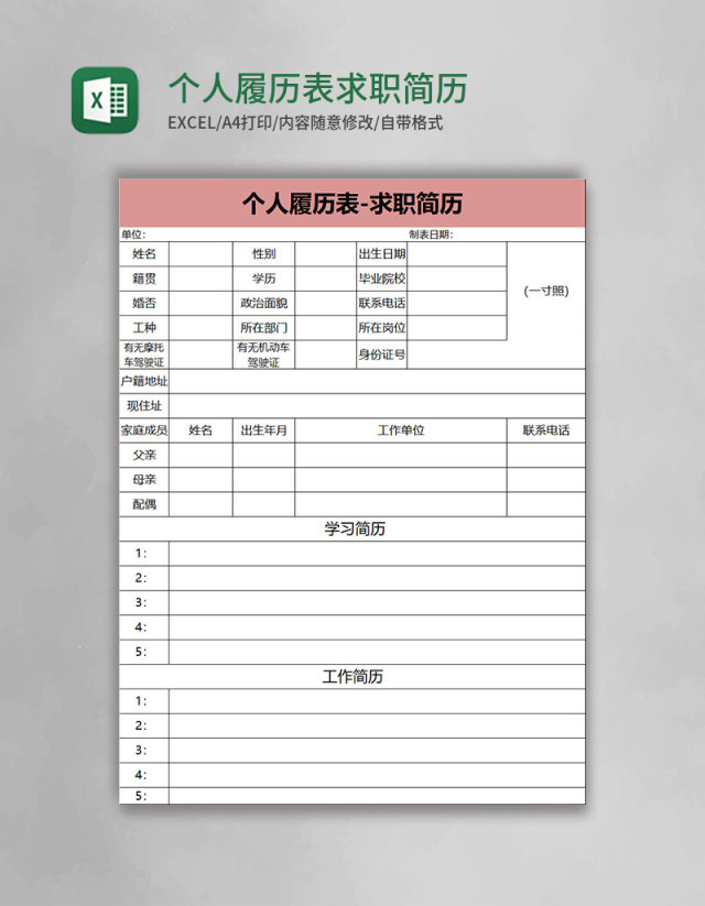 个人履历表求职简历excel模板