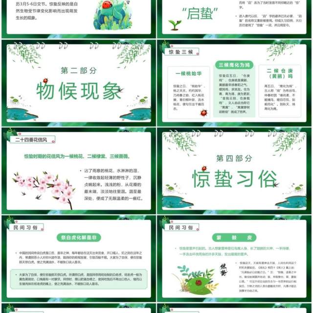 绿色卡通风中国二十四节气之惊蛰介绍PPT模板