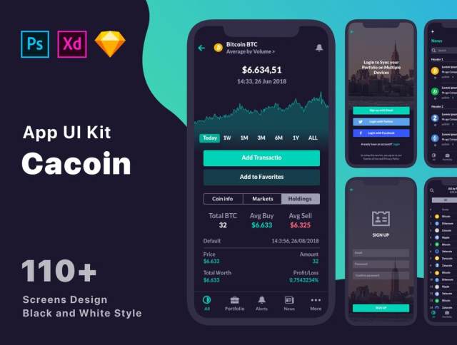 110+ Screen UI Kit Coin Cryptocurrency Market App在Sketch,Photoshop,Adobe XD,CaCoin Crypto Market中的应用 110+ Screen UI Kit Coin Cryptocurrency Market App在Sketch,Photoshop,Adobe XD,CaCoin Crypto Market中的应用