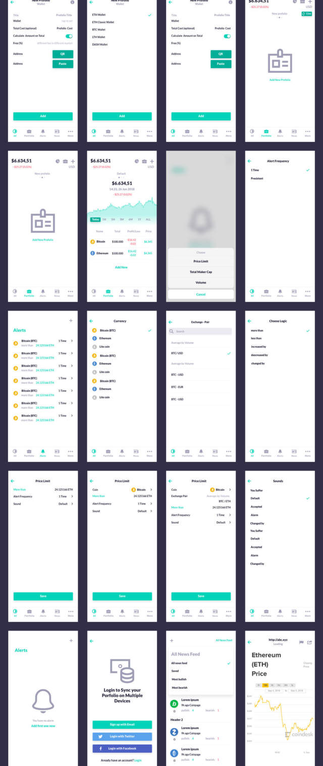 110+ Screen UI Kit Coin Cryptocurrency Market App在Sketch，Photoshop，Adobe XD，CaCoin Crypto Market中的应用