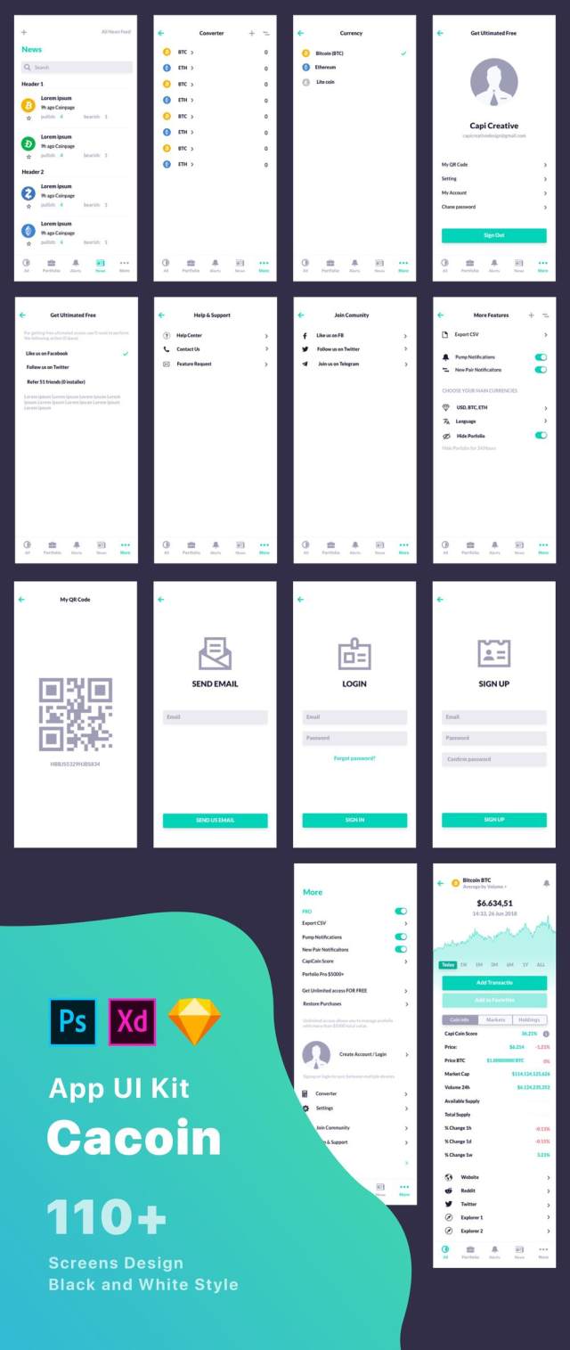 110+ Screen UI Kit Coin Cryptocurrency Market App在Sketch,Photoshop,Adobe XD,CaCoin Crypto Market中的应用 110+ Screen UI Kit Coin Cryptocurrency Market App在Sketch,Photoshop,Adobe XD,CaCoin Crypto Market中的应用