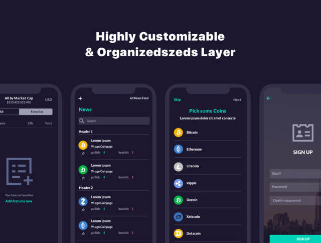110+ Screen UI Kit Coin Cryptocurrency Market App在Sketch，Photoshop，Adobe XD，CaCoin Crypto Market中的应用