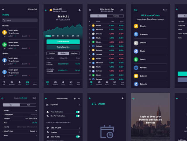 110+ Screen UI Kit Coin Cryptocurrency Market App在Sketch，Photoshop，Adobe XD，CaCoin Crypto Market中的应用