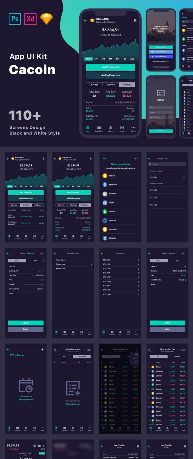 110+ Screen UI Kit Coin Cryptocurrency Market App在Sketch，Photoshop，Adobe XD，CaCoin Crypto Market中的应用