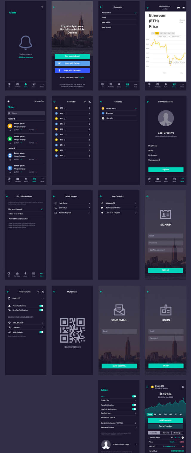 110+ Screen UI Kit Coin Cryptocurrency Market App在Sketch，Photoshop，Adobe XD，CaCoin Crypto Market中的应用