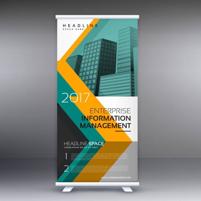 黄色和蓝色standee卷起业务的横幅设计模板