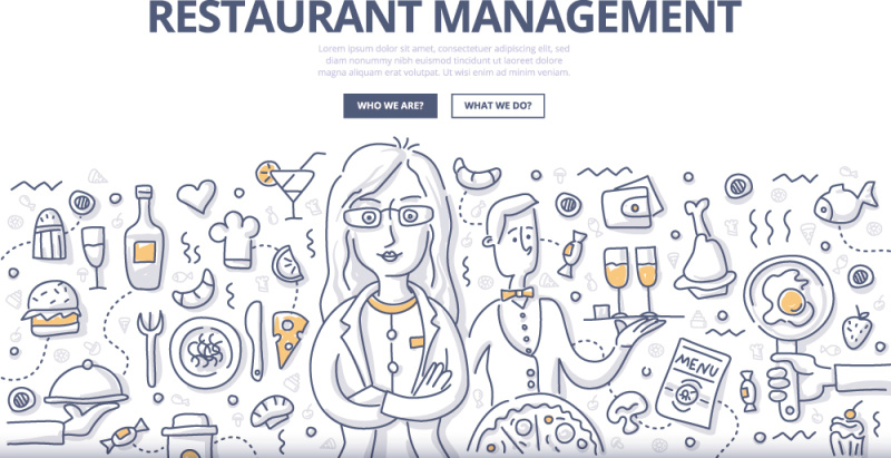扁平化商务餐厅管理涂鸦概念图案插画矢量素材