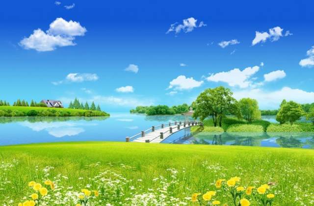 蓝天白云草地黄花小桥psd素材 蓝天白云草地黄花小桥psd素材