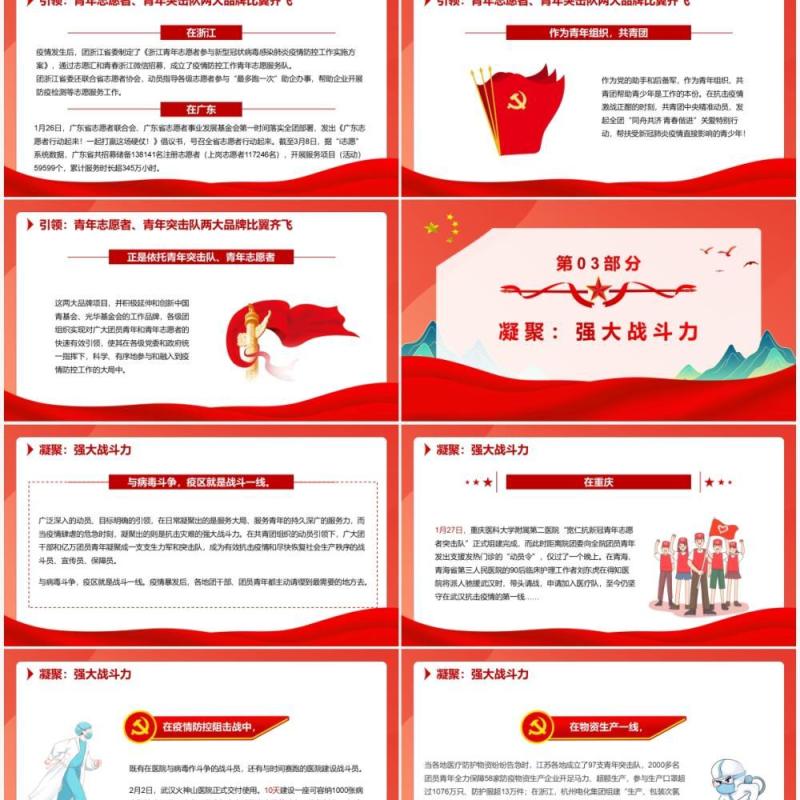 红色卡通青春心向党奋战疫情共青团组织活动PPT模板