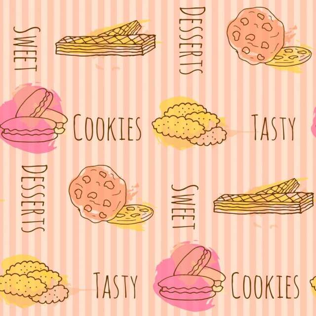 矢量cookie插画。无缝模式手绘饼干与多彩飞溅。甜杏仁饼和薄酥饼。