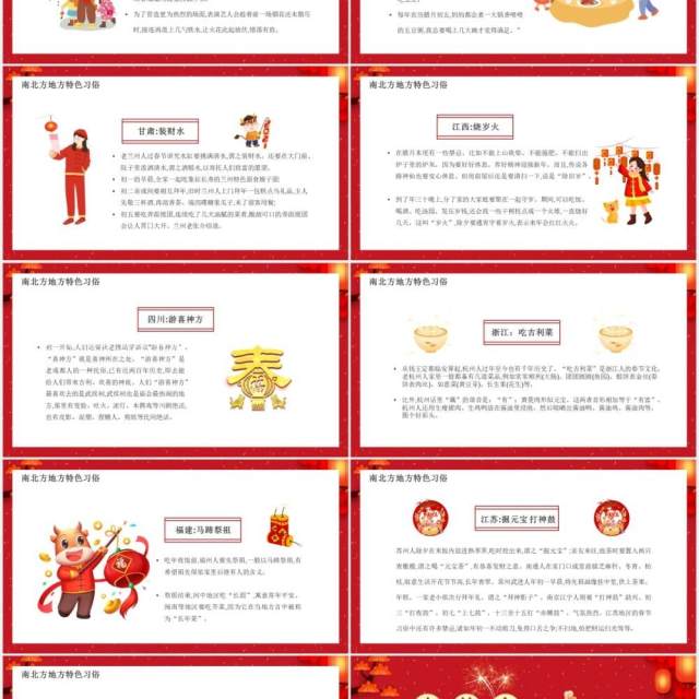 红色卡通风南北方春节习俗介绍PPT模板