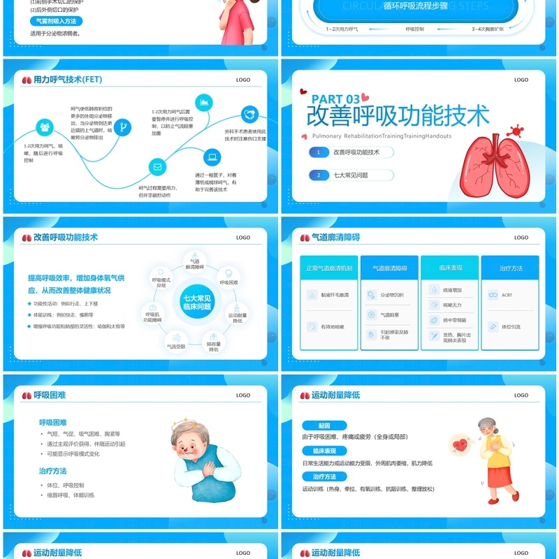 蓝色卡通风肺康复训练医疗培训课件PPT模板