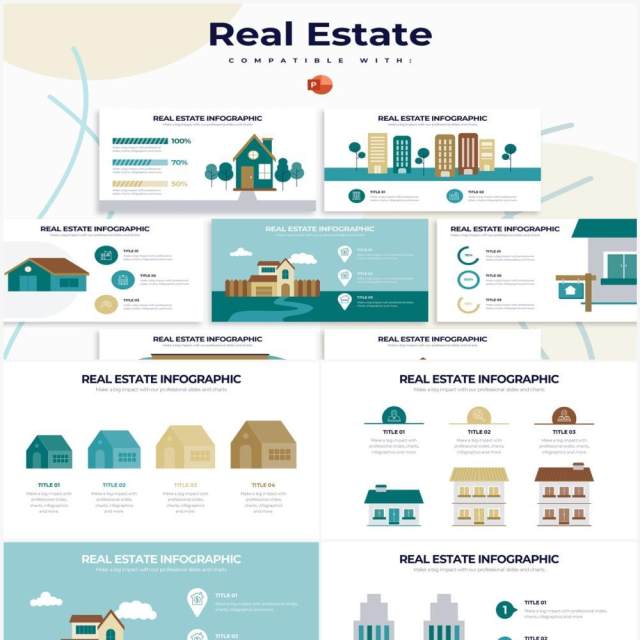 黄绿色创意房地产PPT信息图形素材Real Estate Powerpoint Infographics