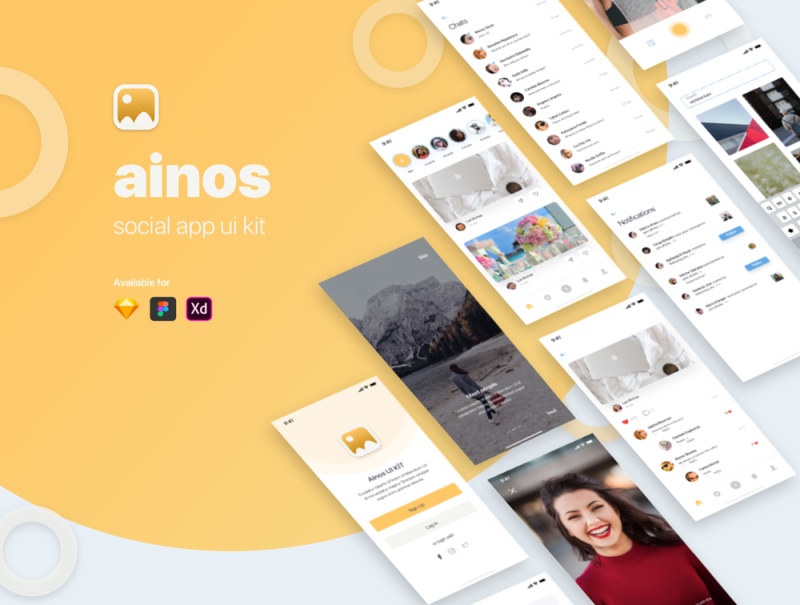 Ainos Social App UI工具包，使用Sketch，XD和Figma，Ainos Social App UI / UX工具包设计