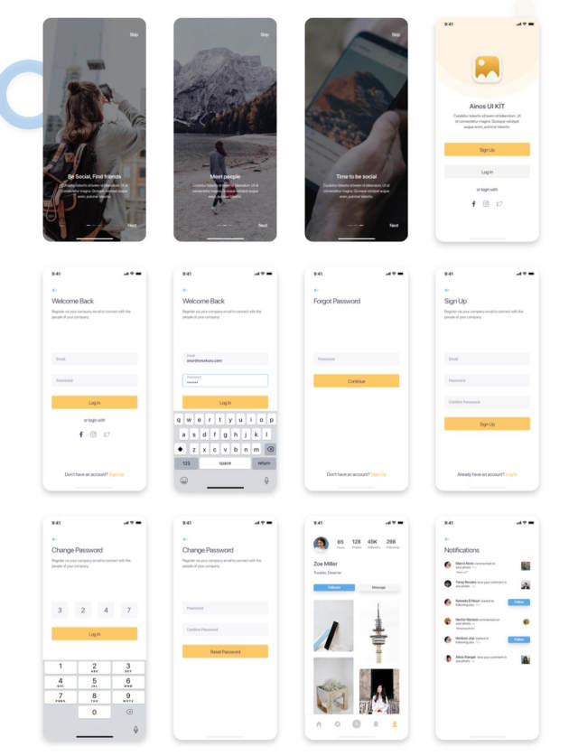 Ainos Social App UI工具包，使用Sketch，XD和Figma，Ainos Social App UI / UX工具包设计