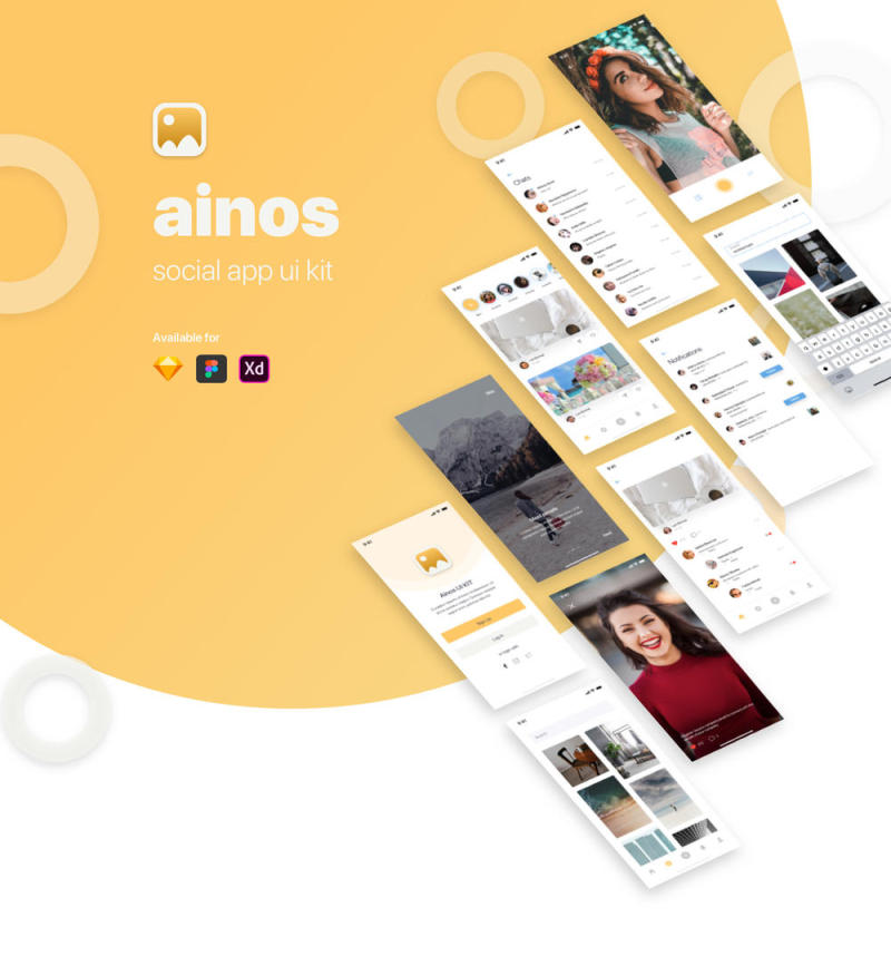 Ainos Social App UI工具包，使用Sketch，XD和Figma，Ainos Social App UI / UX工具包设计