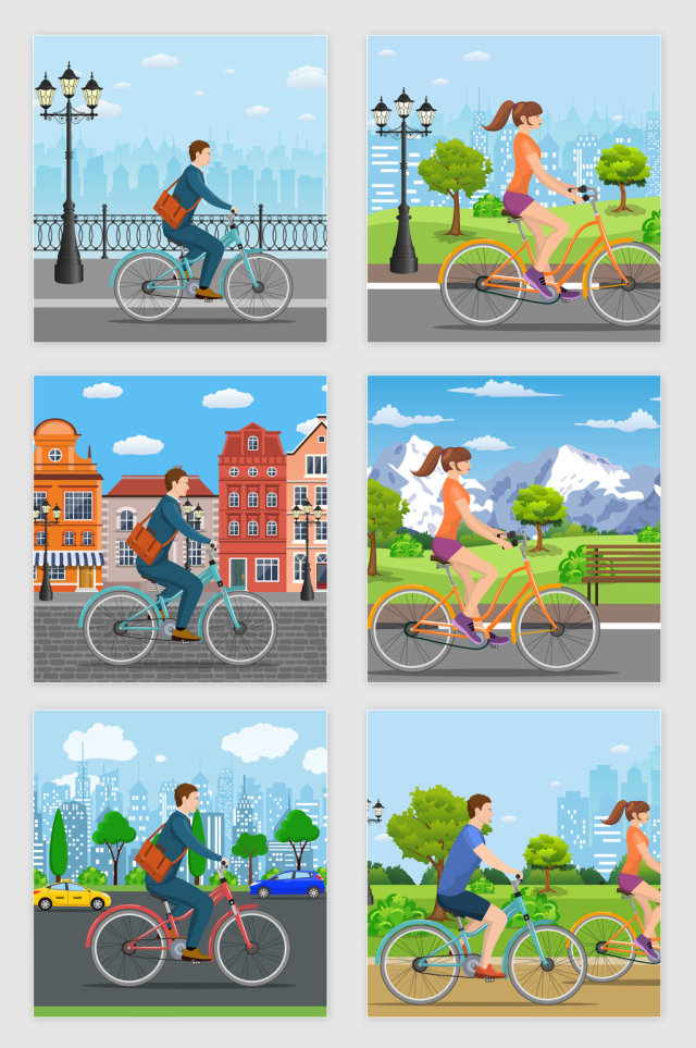 矢量卡通都市单车自行车风景插图