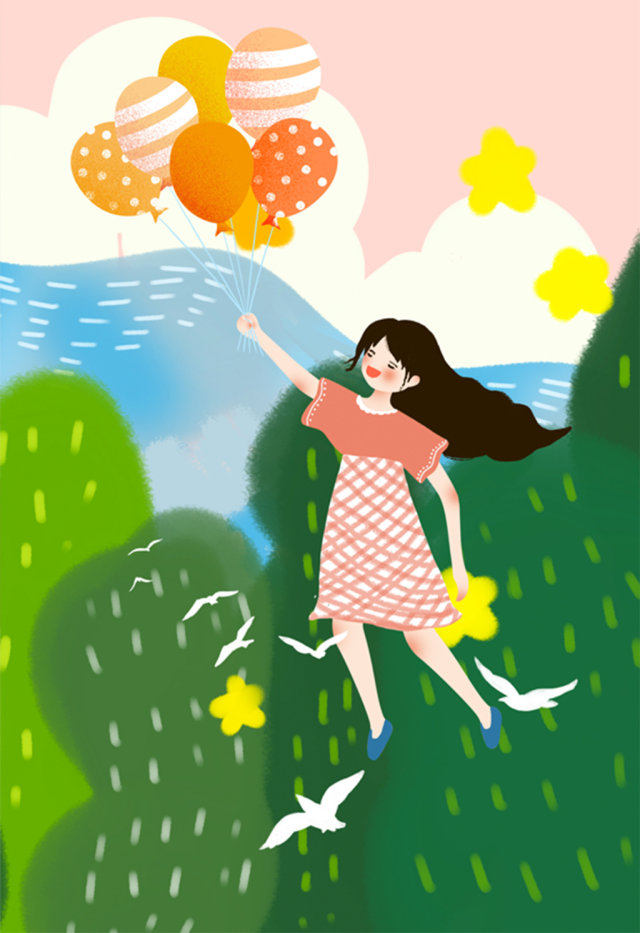 粉色梦幻暑假生活女孩插画 粉色梦幻暑假生活女孩插画