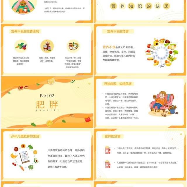 橙色卡通营养不良与肥胖知识介绍PPT模板