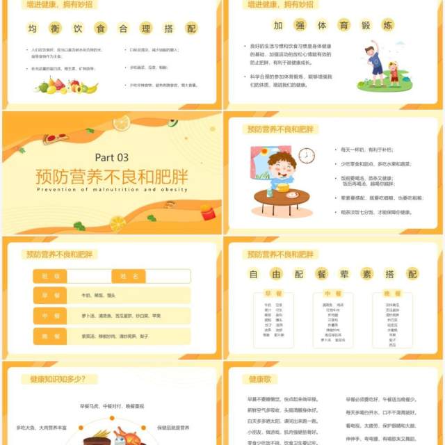 橙色卡通营养不良与肥胖知识介绍PPT模板