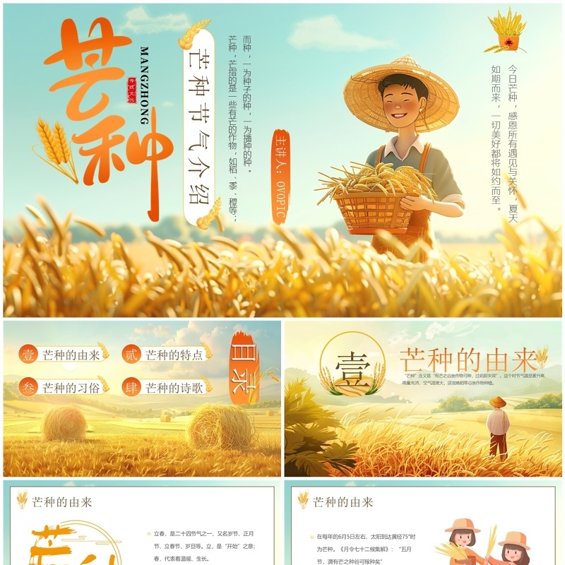 黄色插画风二十四节气之芒种介绍PPT模板