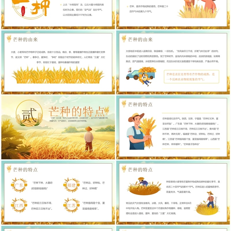 黄色插画风二十四节气之芒种介绍PPT模板