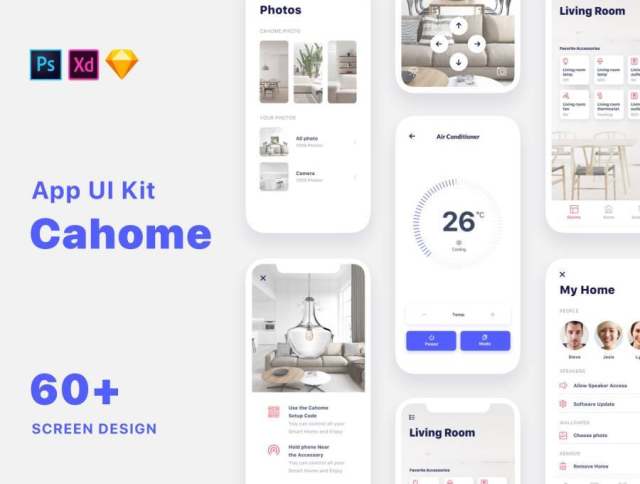 60+ Screen UI Kit智能家居移动应用程序，包括Sketch，Photoshop，Adobe XD，Cahome UI Kit