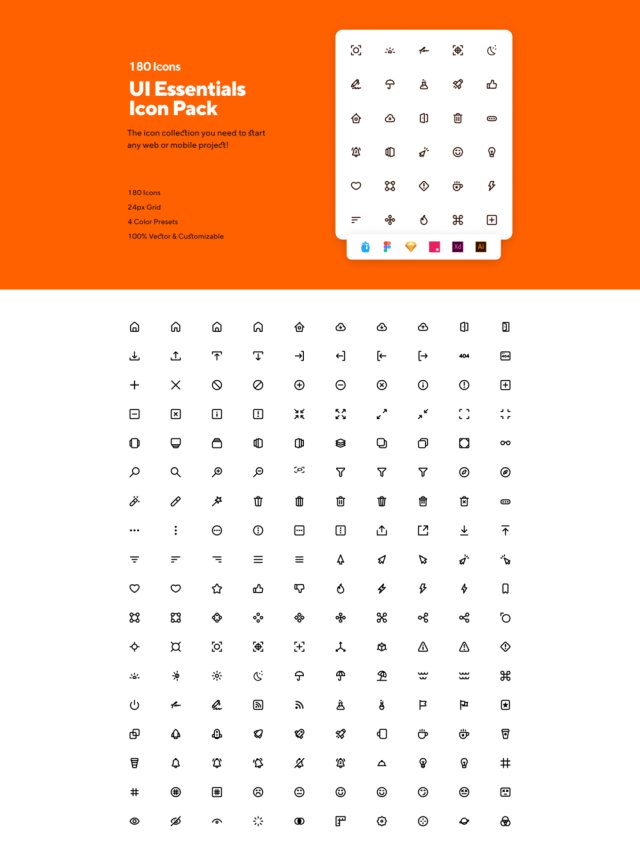 180个图标完善启动任何项目。对于素描，FIGMA Illustrator和Adobe XD，INVISION＆IconJar，UI要点图标包