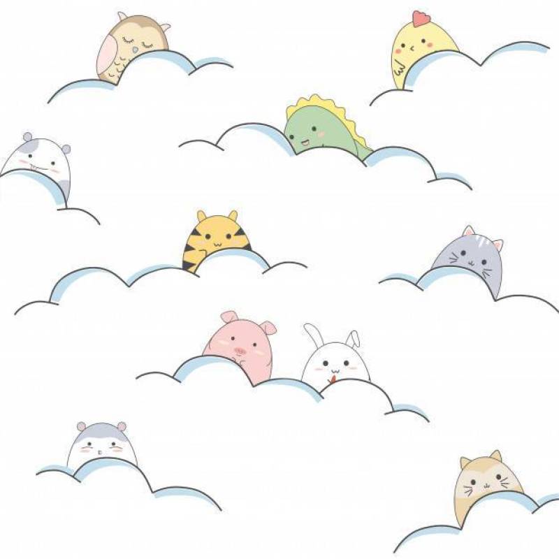 Cute cartoon animals are playing in the clouds