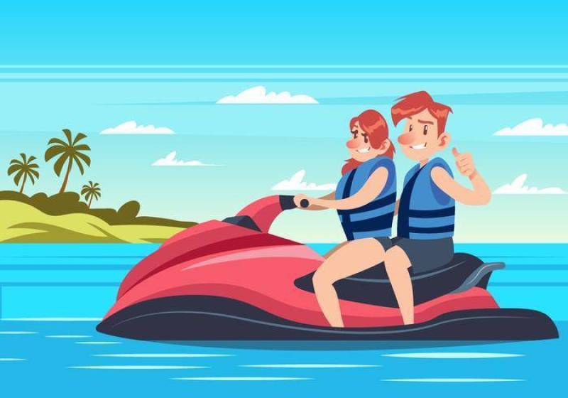 夫妇骑水射流滑雪