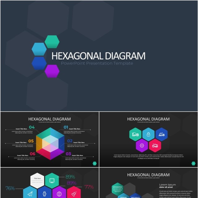 多彩色六边形信息图PPT模板素材Wide Dark Hexagonal Infographic