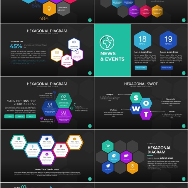 多彩色六边形信息图PPT模板素材Wide Dark Hexagonal Infographic