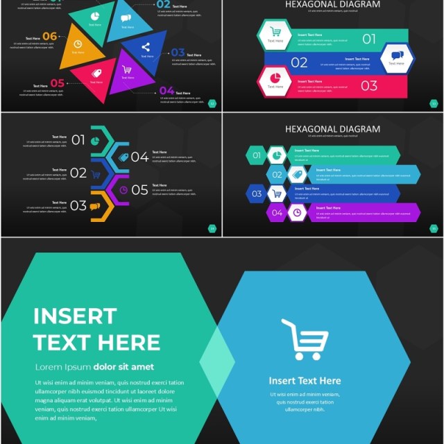 多彩色六边形信息图PPT模板素材Wide Dark Hexagonal Infographic