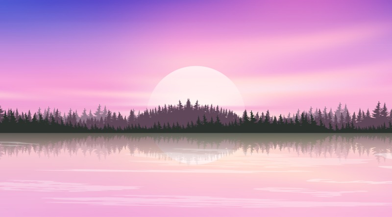紫色系天空倒影风景插画PSD背景素材