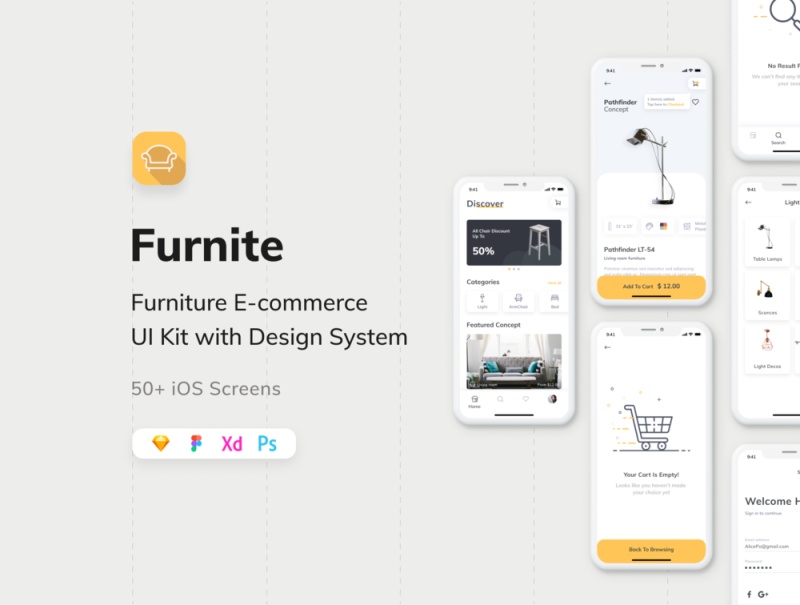 50+ iPhone的iOS X屏幕为家具电子商务应用UI套件，Furnite  - 家具电子商务UI KIT