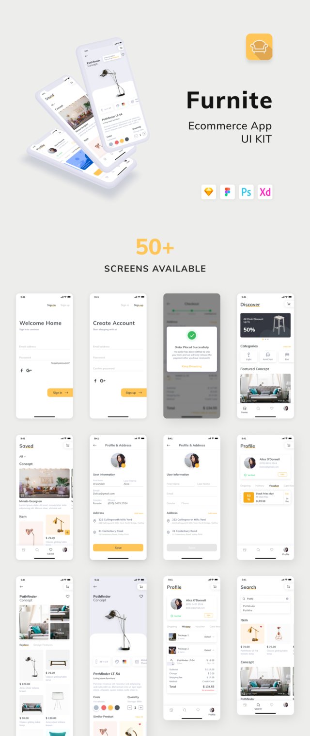 50+ iPhone的iOS X屏幕为家具电子商务应用UI套件，Furnite  - 家具电子商务UI KIT