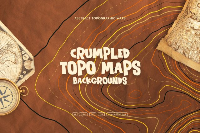 褶皱破旧地形图背景AI矢量设计素材Crumpled Topographic Map Backgrounds 褶皱破旧地形图背景AI矢量设计素材Crumpled Topographic Map Backgrounds