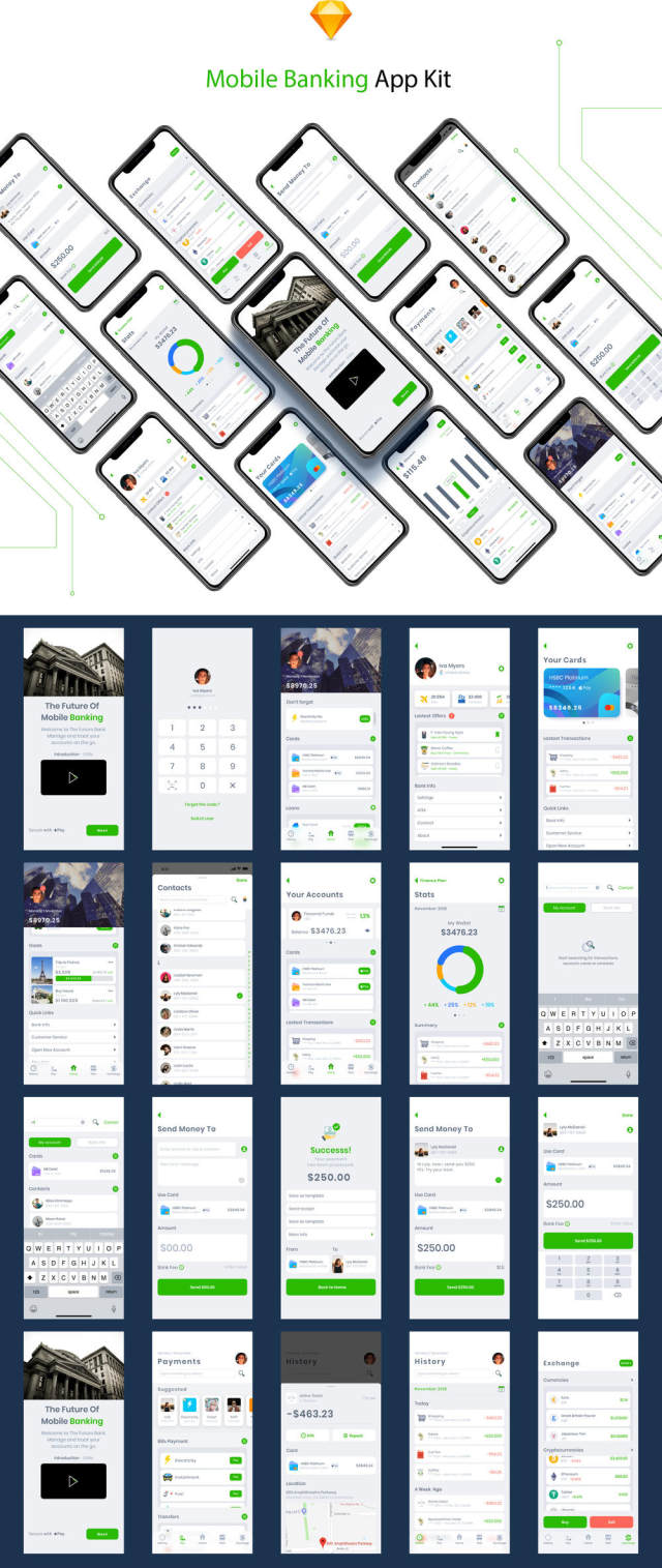 22用于Sketch。，Mobile Banking App Kit设计的屏幕移动UI工具包