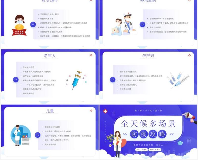 紫色简约卡通风全天候多场景防疫攻略PPT模板