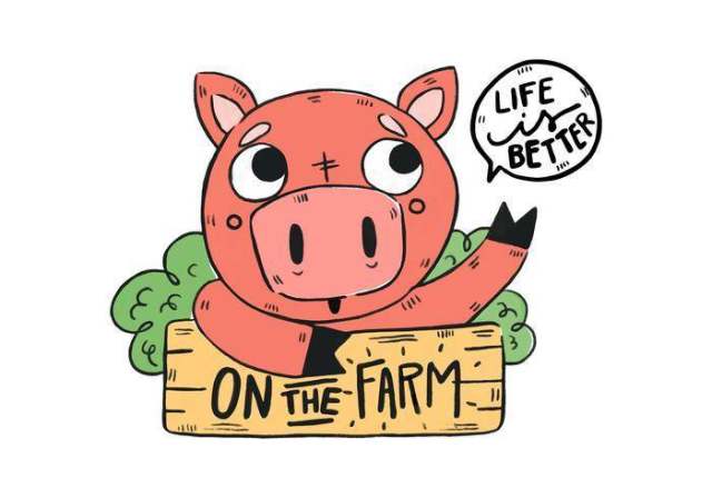 可爱的农场猪与木标志和报价的农场