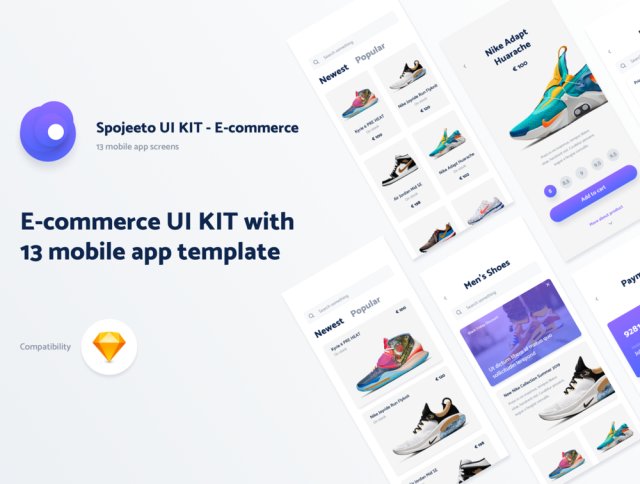 13 iPhone X电子商务UI KIT模板通过流行的移动应用程序的设计模式的启发，电子商务Spojeeto移动应用UI套件