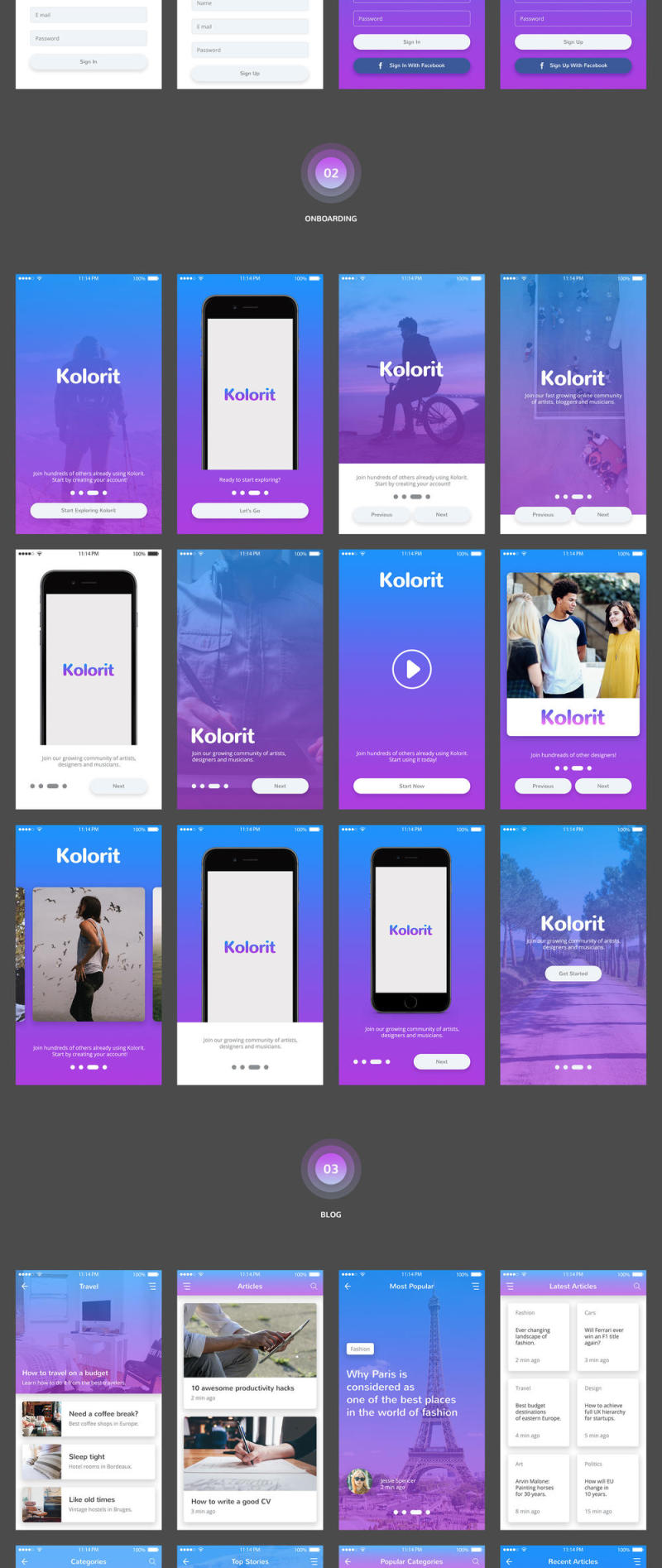 多彩的用户界面工具包，为您的移动项目，Kolorit移动UI工具包