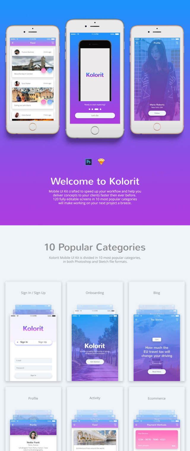 多彩的用户界面工具包，为您的移动项目，Kolorit移动UI工具包
