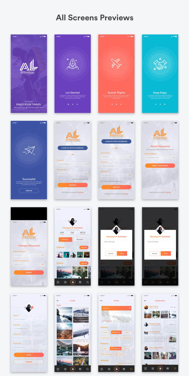 高品质的旅行和航班预订应用程序UI工具包模板，Atlantigo-Travel UI工具包