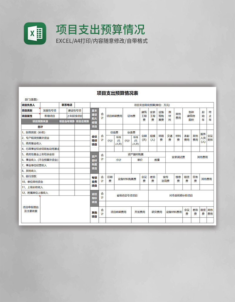 项目支出预算情况表Excel模板