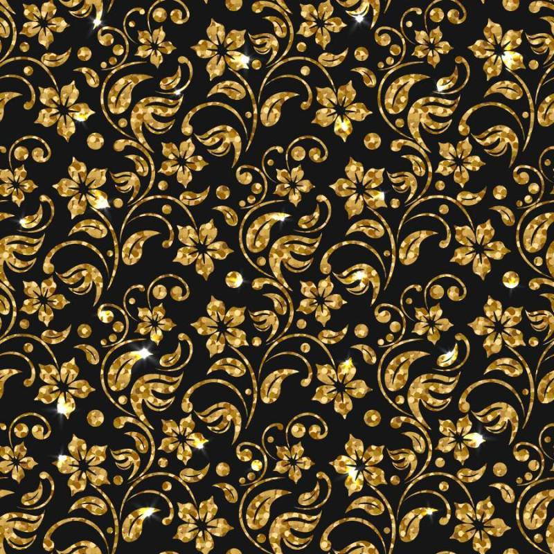 矢量无缝锦缎模式与鲜花。金色闪光模式设计。金花卉背景。