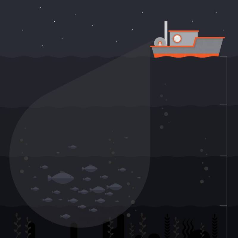 深海捕鱼插图。钓鱼船和深海细节。